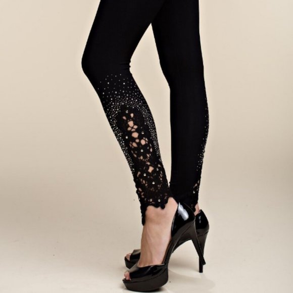 NWT VOCAL CRYSTAL LACE & STONES SLIMMING slenderizing LEGGINGS SM-4X BLK rocker - Picture 2 of 9